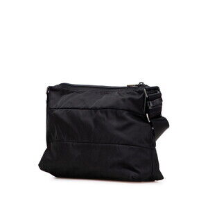 Prada logo shoulder nylon crossbody triangular black bag plaque leather